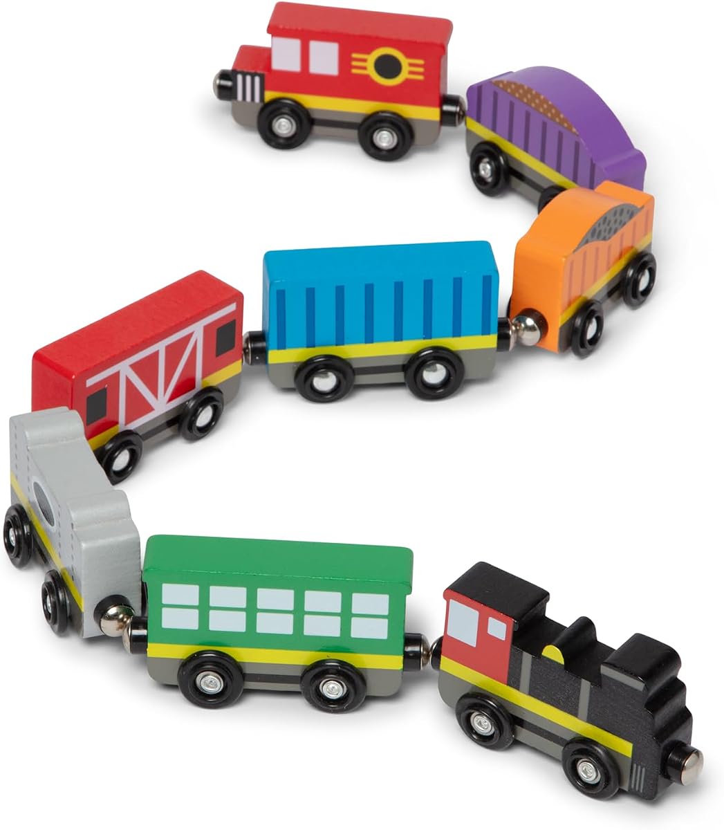 Coches de tren de madera, juego de tren magnético de 8 piezas con bandeja de almacenamiento de juguetes, máquina de vapor, vagones de caboose, carbón y pasajeros, juguetes de simulación inspirados en Montessori para niños mayores de 3 años