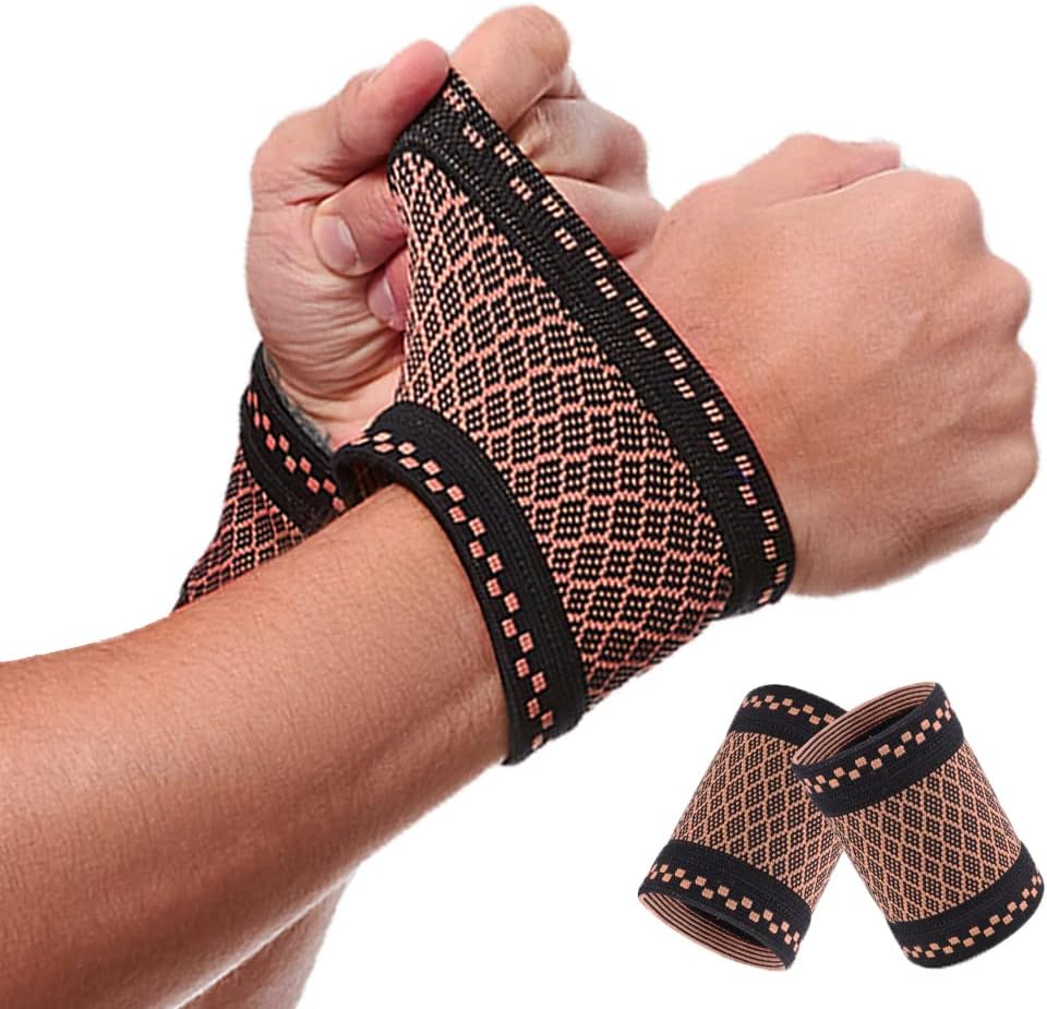 Copper Wrist Compression Brace (2Pcs), Elastic Wrist Support Sleeve Wrist Braces for Tendonitis, Arthritis, Carpal Tunnel Pain Relief, Soft Wrist Wrap Wristbands for Sport, Fitness, Workout, Typing(M)