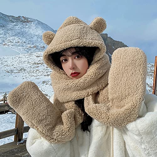 Women Girls 3-in-1 Bear Hooded Scarf Warm Plush Mitten Scarf Set Furry Animal Ear Hat Thick Long Scarf with Pocket Gloves2
