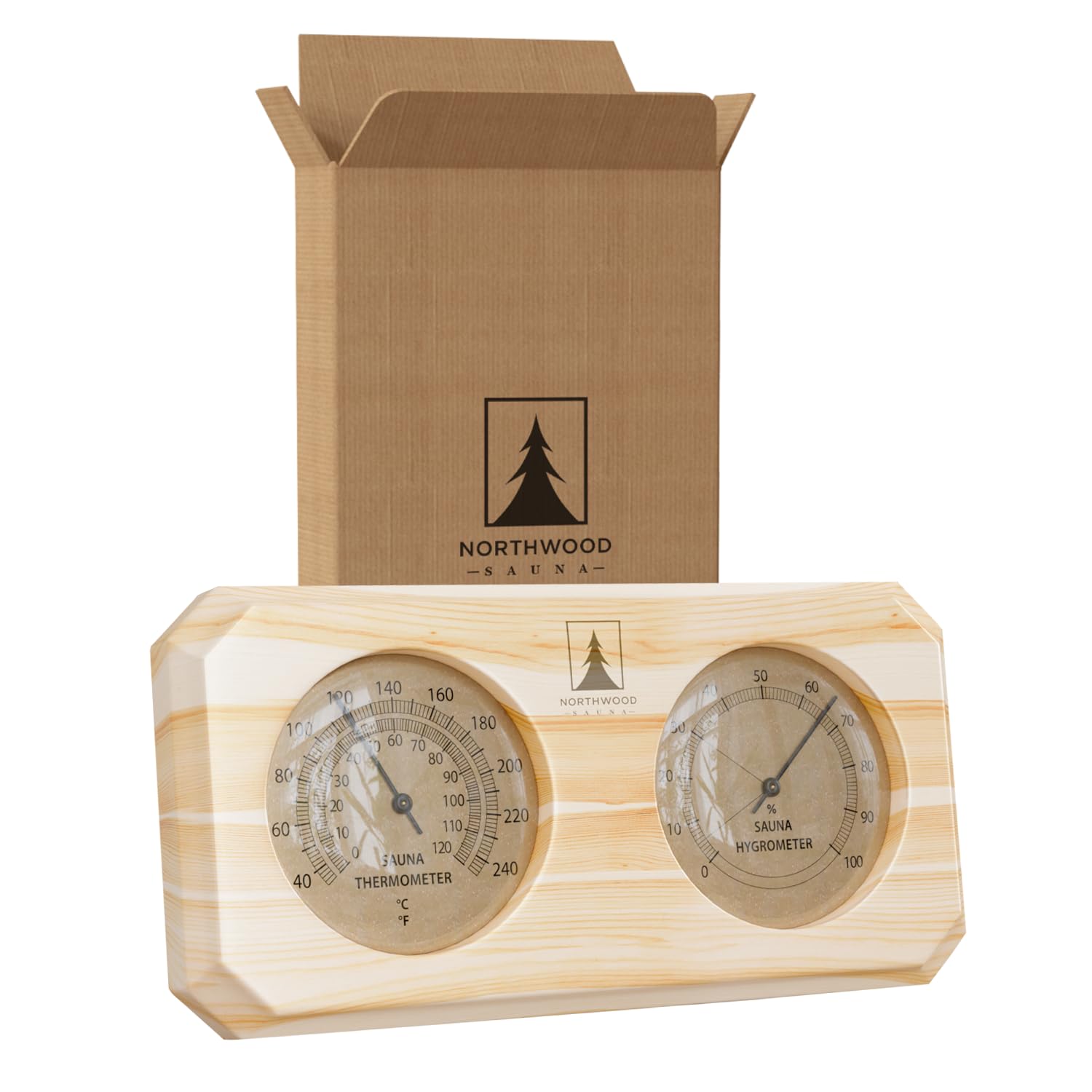 Thermometer & Hygrometer 2 in 1 - Handmade from Top Quality Finnish Pine Wood - Luxurious Glass and Golden Metal Dials