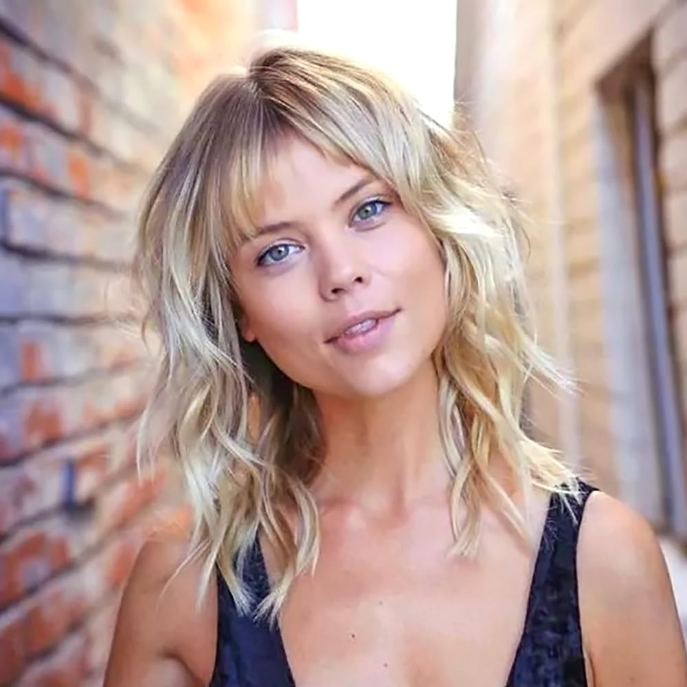 PORSMEER 14inch Blonde with Dark root Wig with Bangs