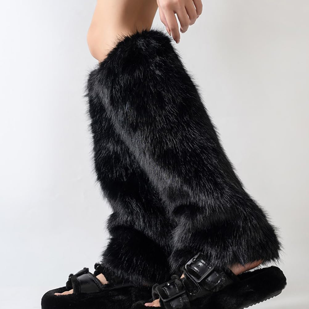 [QRUENNTG] 女性用ソリッドフェイクファープラッシュレッグウォーマー 暖かく柔らかい冬用ロングブーツカバー ブーツスリーブ