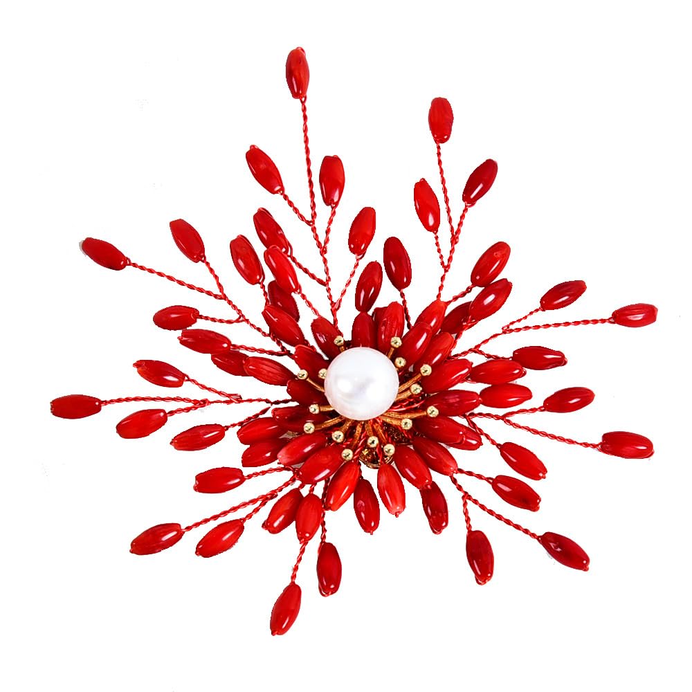 Broche bambou corail perle rouge rétro en émail élégant - 5