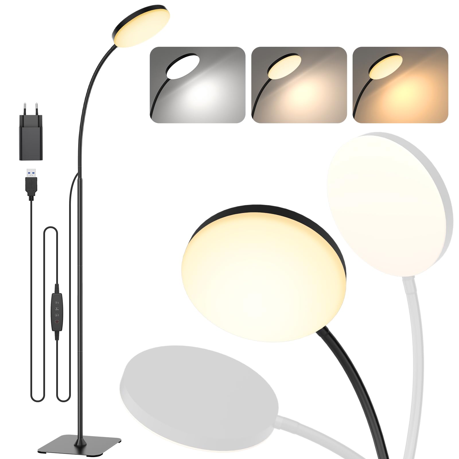 Mojimdo Stehlampe, [3 Farben & 10 Helligkeiten] Schlanke LED Leselampe Stehend, Dimmbar Einstellbare Flexible Stehleuchte für Kinderzimmer, Büro, Wohnzimmer, Ecke Nachttischlampe