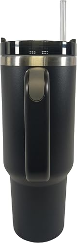 Miniatura 2 de Vaso de 40 onzas con asa y pajita, acero inoxidable, doble capa, aislado al vacío, taza térmica perfecta para agua, té, café (negro)