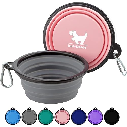 Collapsible Dog Bowls for Travel, 2-Pack Dog Portable Water Bowl for Dogs Cats Pet Foldable Feeding Watering Dish for Traveling Camping with Carabiners, BPA Free (Grey&Pink, Large)
