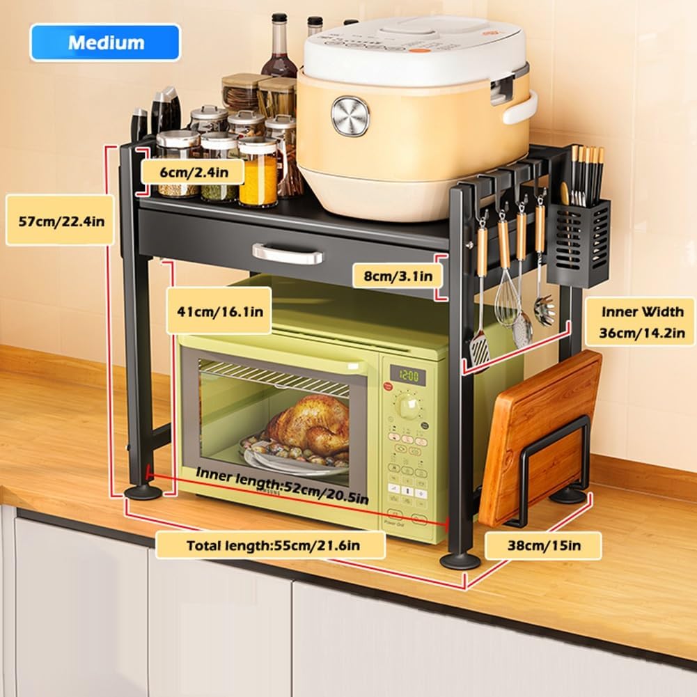 Microwave Oven Rack with Drawer, 2 Tier Storage Stand Metal Toaster Stand Shelf with 4 Hooks and Cutting Boards Stand (Size : 60cm/24inch), NYQBBCYNM-60CM/24INCH