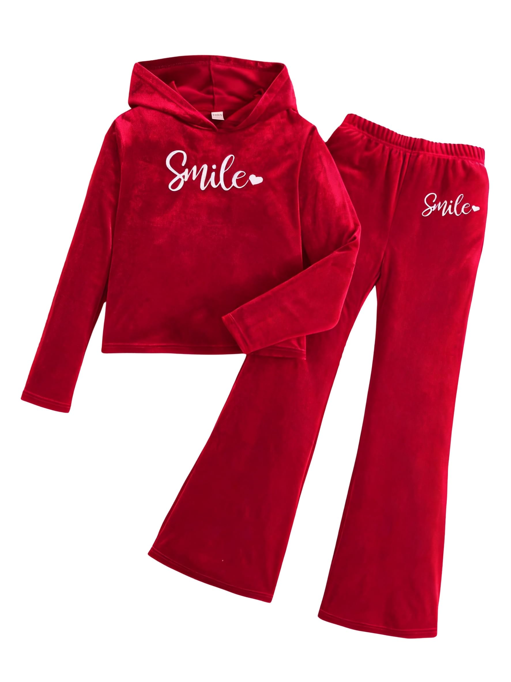 6-13 Years Girls Clothing Heart Print Hoodie Top + Heart Print Flare Leg Pants 2PC Clothing Set