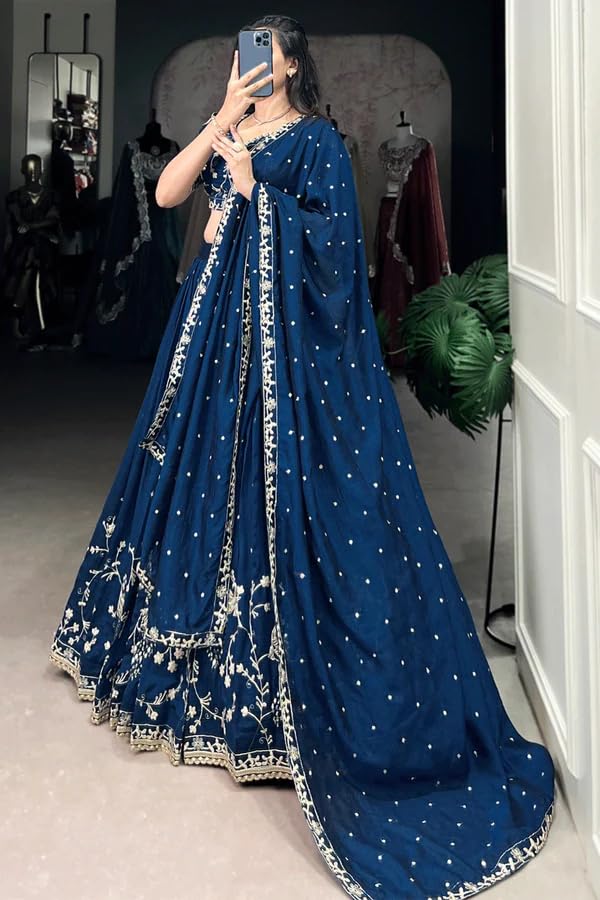 Image of Suppar Sleave Women's Embroidered Vichitra Silk Lehenga Choli Dupatta Set Semi-Stitched Blouse and Fit & Flare Style