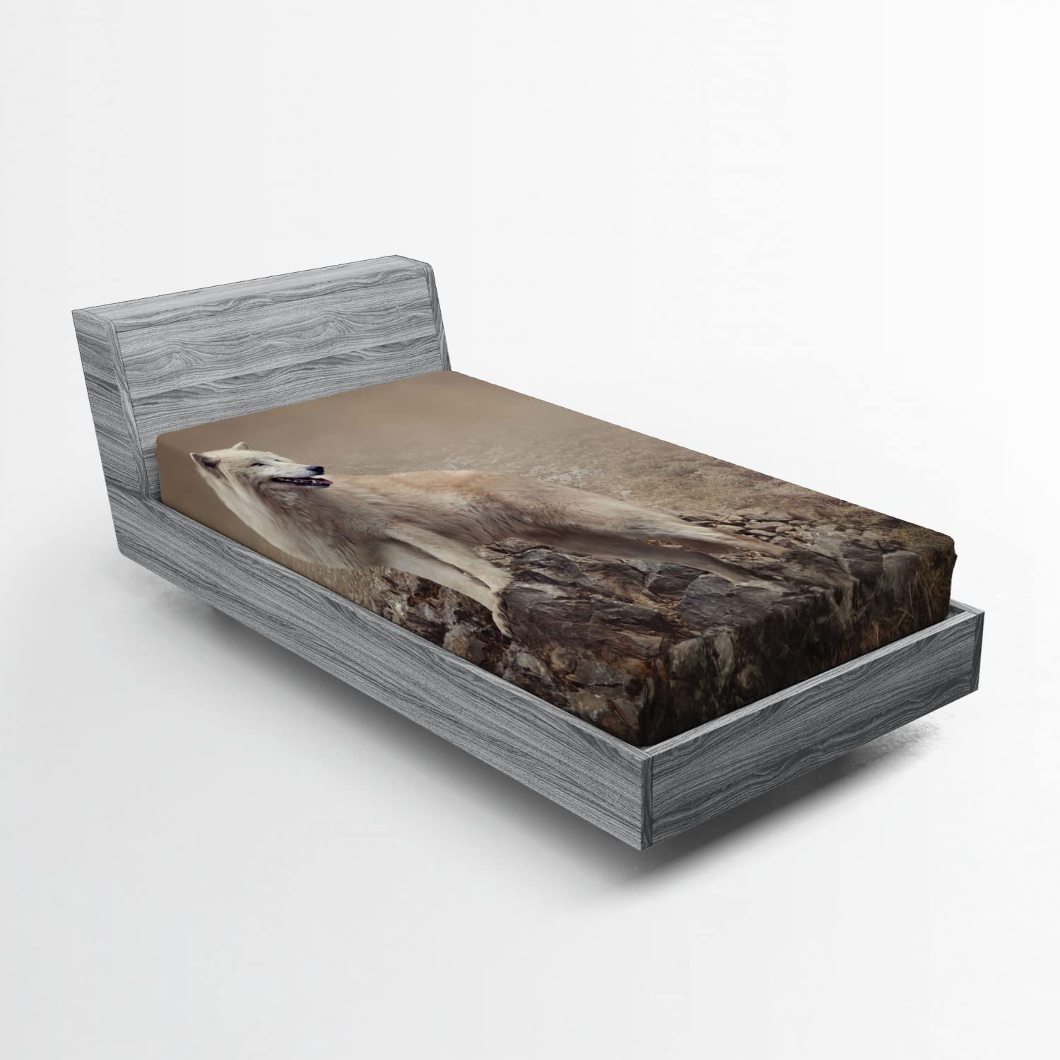 Ambesonne Animal 2 Pack Fitted Sheet, White Wolf on The Rocks, Bed Cover All-Round Elastic Deep Pockets 2 Pieces, Package Contains 2 Twin XL Size Fitted Sheets, Beige Brown