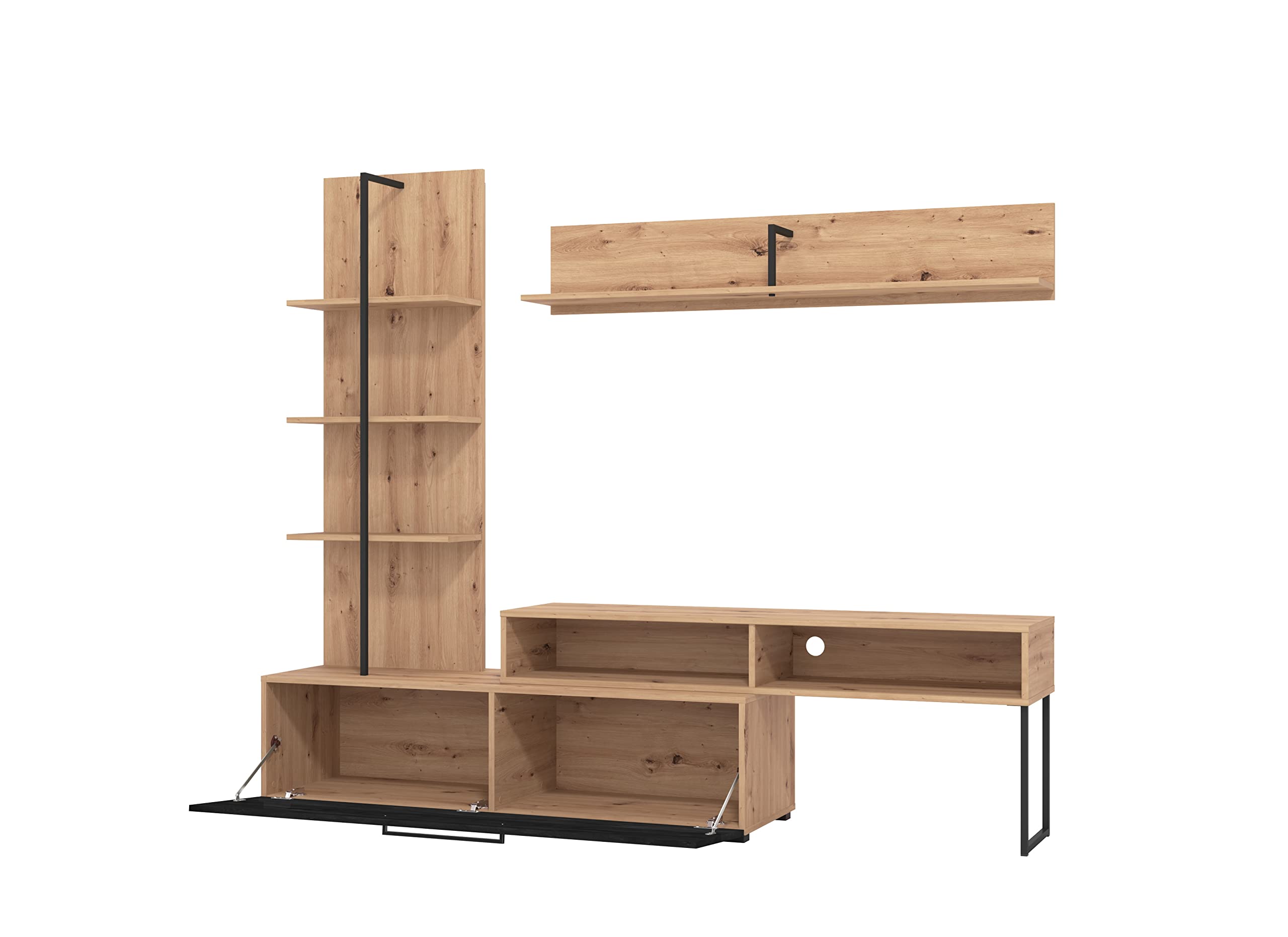 AVANTI TRENDSTORE Evo - Moderna parete da soggiorno in legno laminato in stile quercia Artisan/nero, perfetta per ogni salotto. Dimensioni: LAP 205,5x173x41,5 cm
