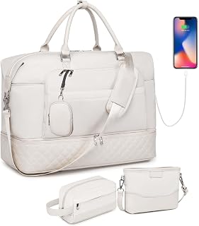 Weekender Bags for Women Travel, Large Overnight Weekend Bag with Waterproof Shoes Compartment & Wet Pocket,Carry On Gym Bag Duffel Bag with USB Charging Port 4Pcs Set,Beige