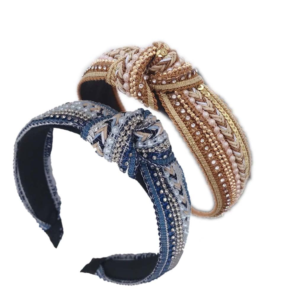 Leadigol 2 PCS Knotted Headband for Women,Rhinestone Crystal Wide Headbands,Rhinestones Pearl Beaded Headbands,Crystal Pearl Sequin Headbands