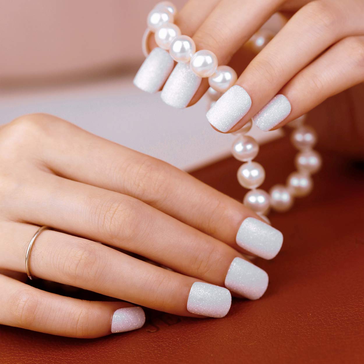ArtPlus Preglued 24pcs x 2 (2-Pack) White Glitter Elegant Touch 58053 Fake Nails with Adhesive Glue Press on Full Cover Medium False Nails