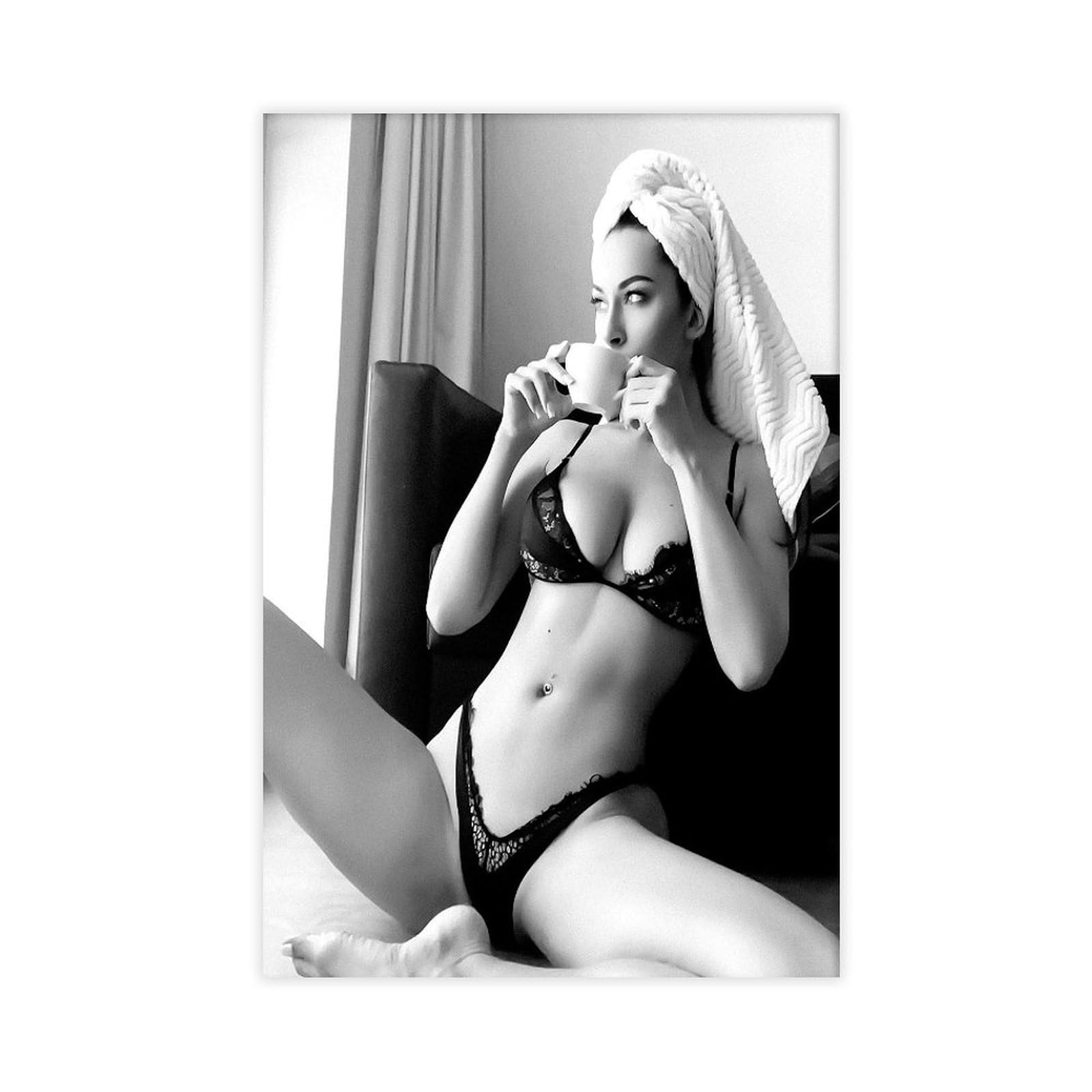 Ncudank Woman In Bikini Drinking Art Coffee Canvas Poster Bedroom Decor Landscape Office Room Decor Gift 12X18inch(30X45cm)