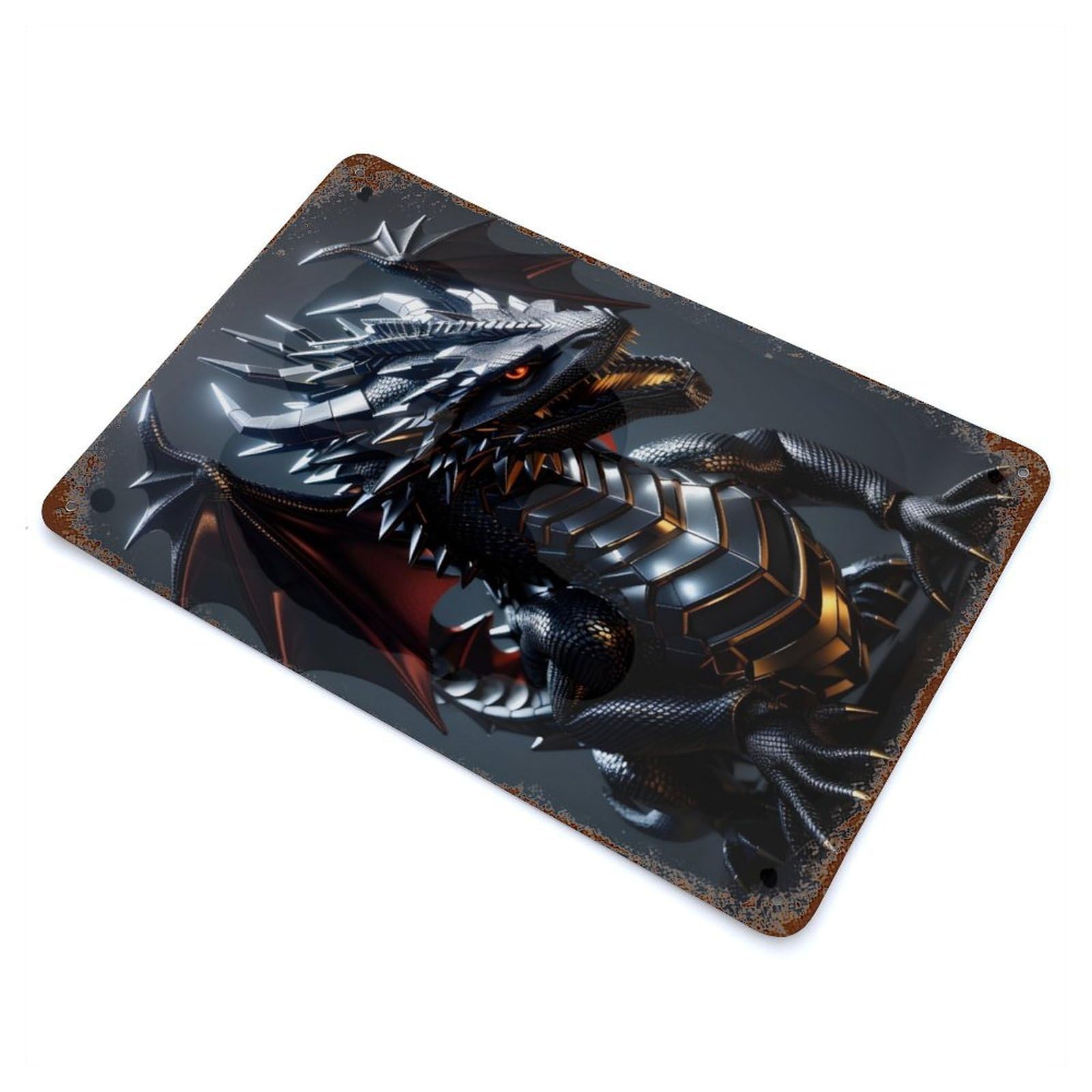 Metallic Silver Dragon Rustic Tin Plaque 11.8"x7.9", for Shed, Workshop And Garage Wall Decor, Farmhouse Wall Decor