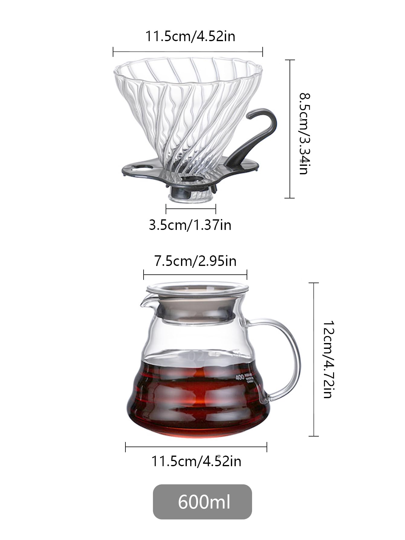 Hand Brewed Glass Coffee Pot with Cover, 800ml / 600ml /360ml Glass Pour Over Coffee Maker, Standard Glass Coffee Carafe with Glass Coffee Dripper for Home, Office (600ml)