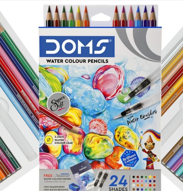 Image of Doms Super Soft Hexagonal Pre-Sharpened Water Soluble 24 Shaes Colour Pencils | Free 5 Watercolor Paper, 2 Sharpeners & 2 Water Brushes | Can Be Use For Tattoos Making|Pack Of 1, Ink Multicolor