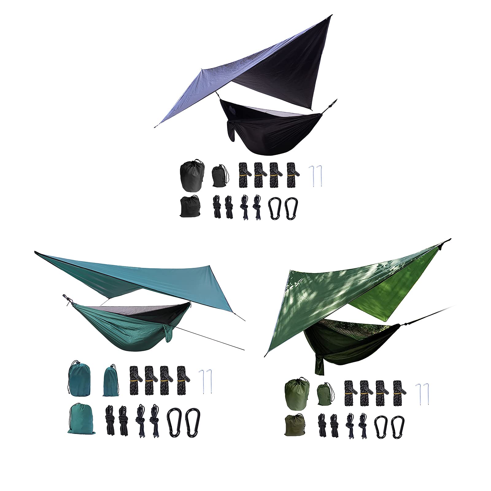 Hamaca portátil de camping con mosquitera, mosquitera, lona para lluvia, correas de árbol, mosquetones y bolsillo para guardar opciones individuales y dobles