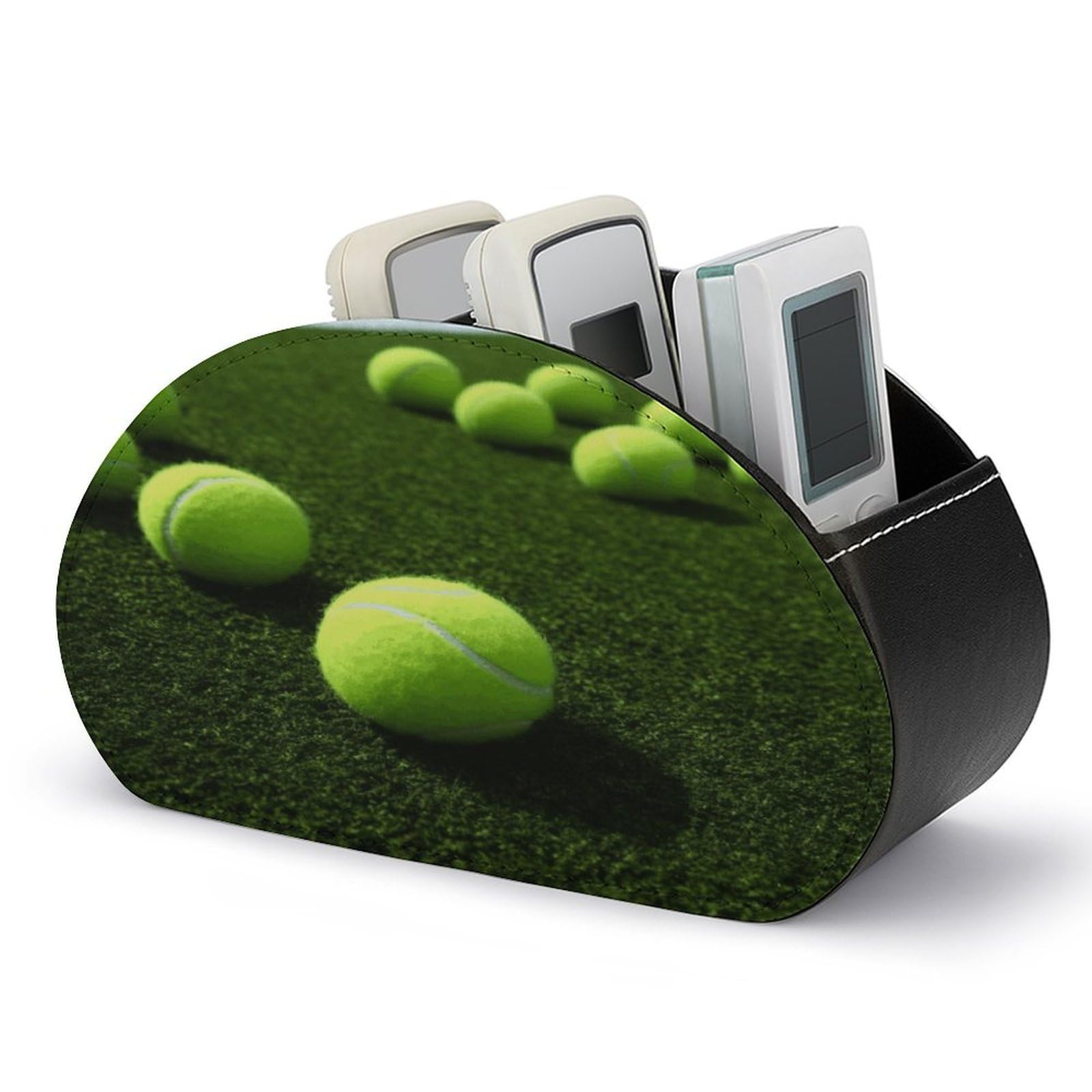 LZQPOEAS Tennis Balls on Tennis Grass Court Remote Control Holder with 5 Compartments PU Leather Remote Organizer Box Caddy for Table Nightstand Remote Caddy Desktop Organizer Fits Media Controllers