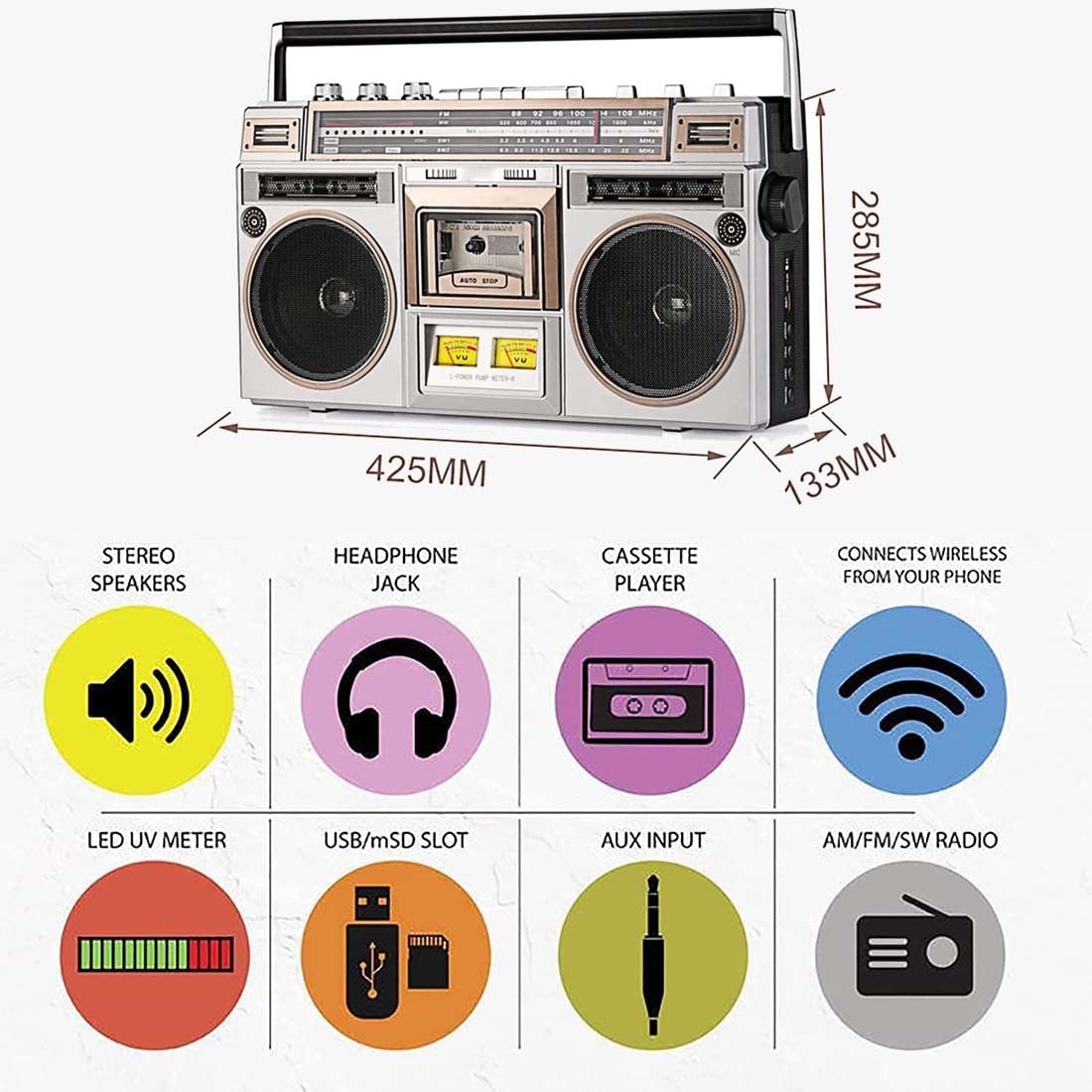 Lecteur Cassette Boombox Vintage Radio AM FM Avec Enregistreur Et Prise Casque - Style Rétro