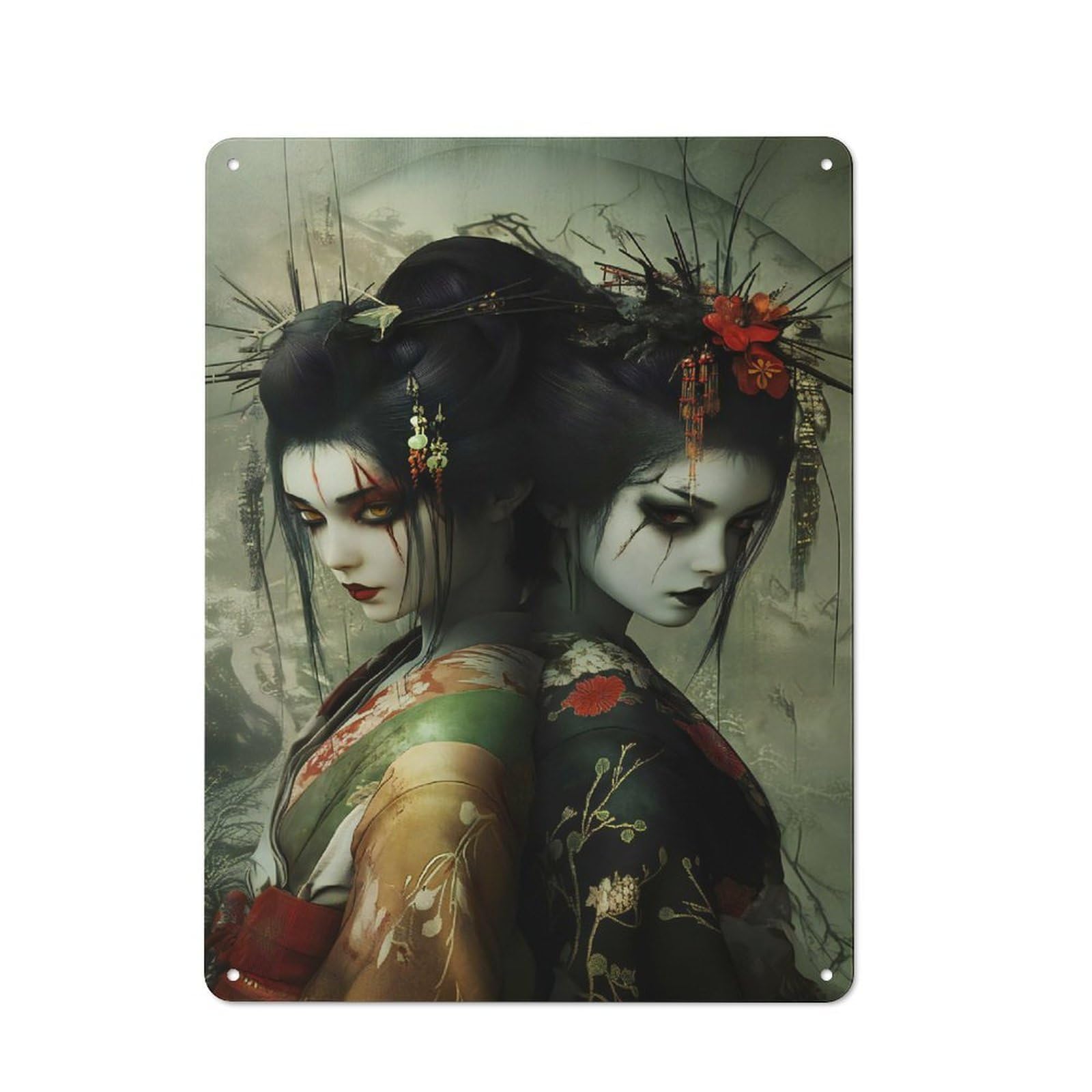 Geisha Ghosts Horror Japanese Cherry Blossom Rustic Metal Wall Decor 40x30cm, Metal Wall Sign for Pub, Home Bar, Shed Or Man Cave