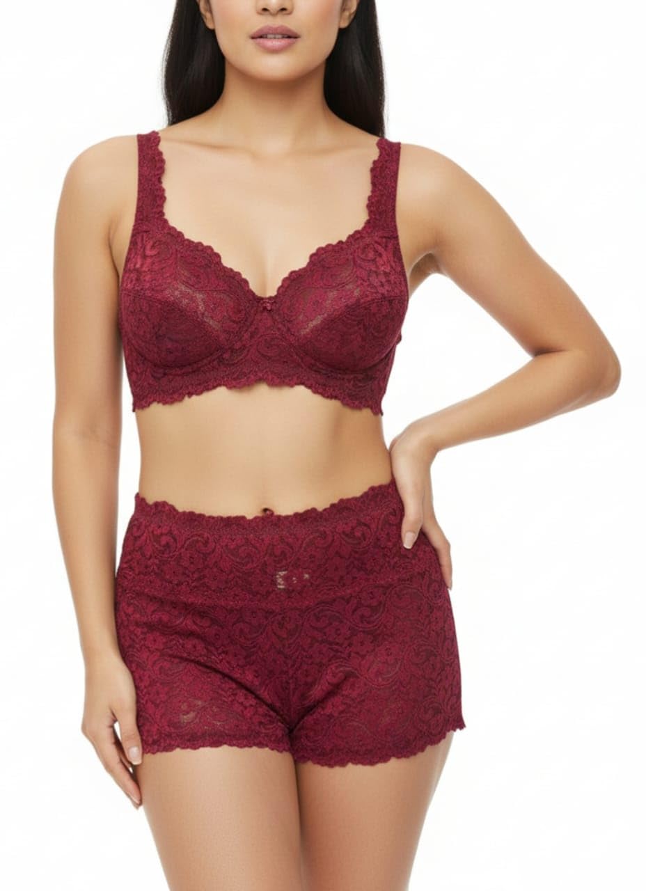 StyleScript Creation Premium Elegant Floral Lace Bralette and High-Waist Short Set, Burgundy Wine, 2 Piece Lingerie Set with Scalloped Trim-image-34