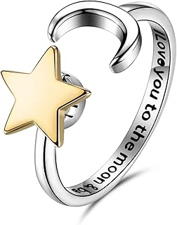 Sterling Silver Fidget Anxiety Ring for Women Teens Adjustable Open Fidget Rings for Anxiety Fidget Relieving Stress Moon Star Stackable Rings Jewelry for Women Girl(Moon Star 2)