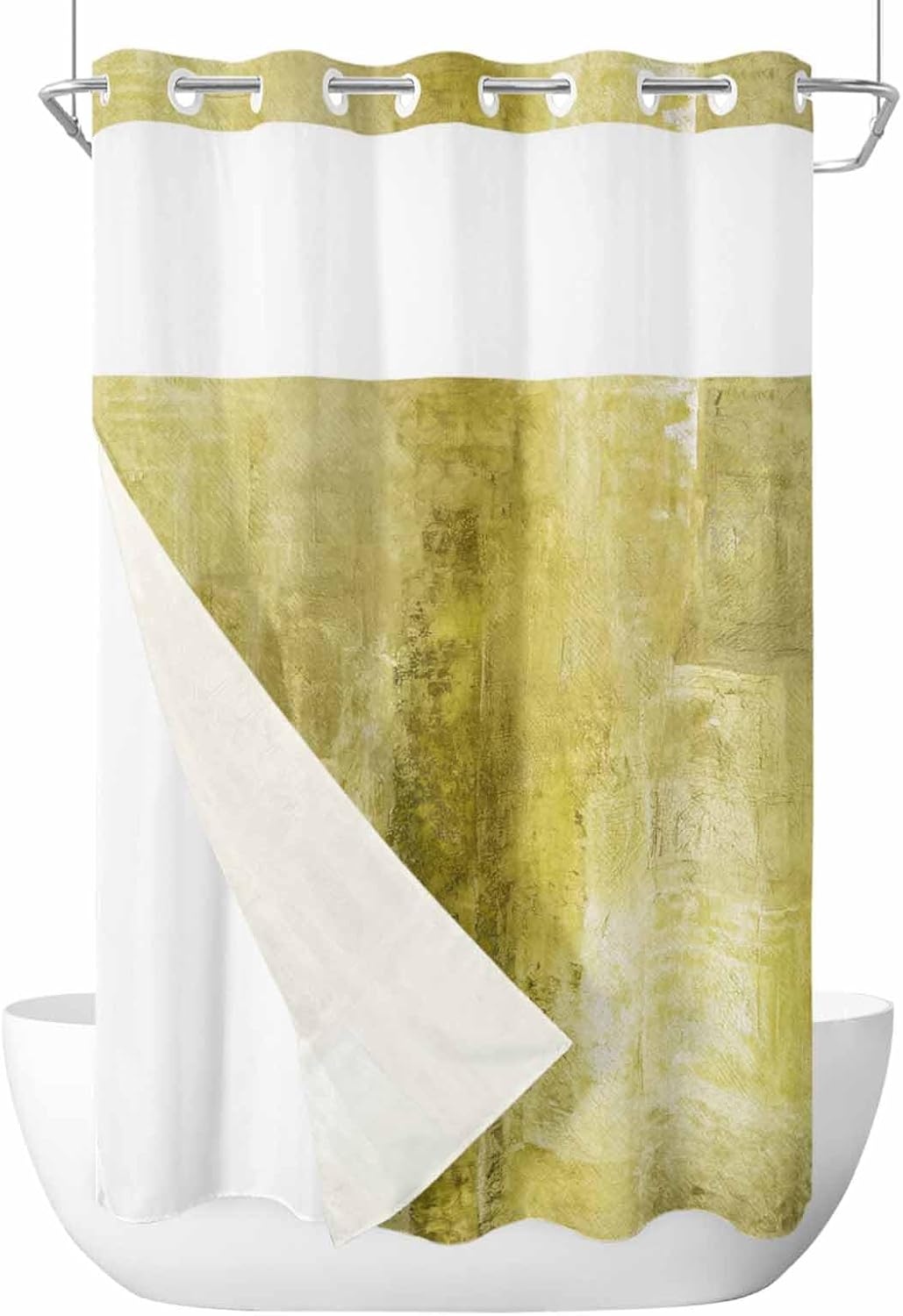 Yellow No Hook Shower Curtain with Snap in Liner Abstract Art Graffiti Paint Style Shower Curtain for Bathroom, Fabric Waterproof Inner Liner, Hotel Style with Mesh Top Window, 36x72
