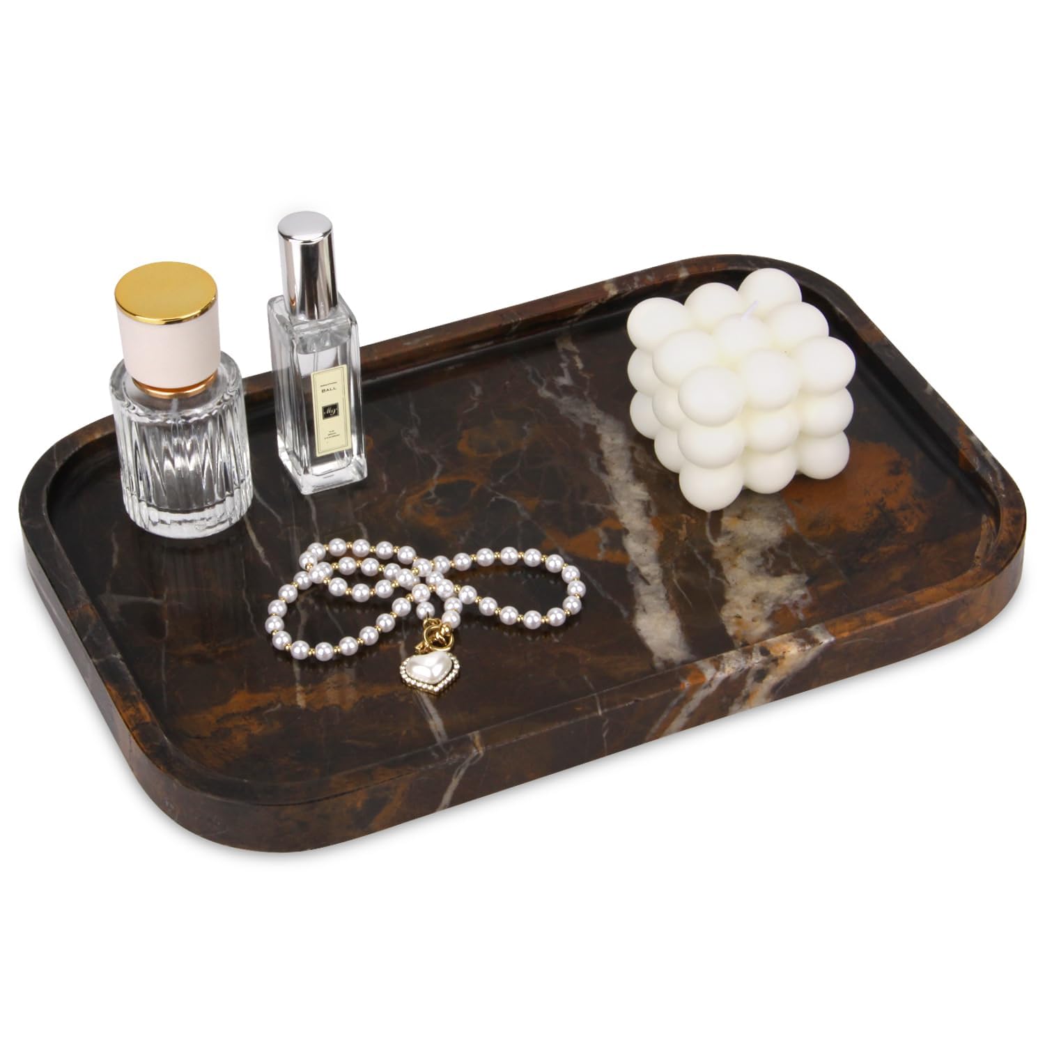 Vassoio da Bagno in Marmo Naturale per Cucina e Bagno, Vassoi Decorativi in Pietra da Appoggio Svuotatasche Ingresso per Caffè, Profumi, Gioielli e Trucchi (Oro Nero, 30 x 20 x 1.8 cm)