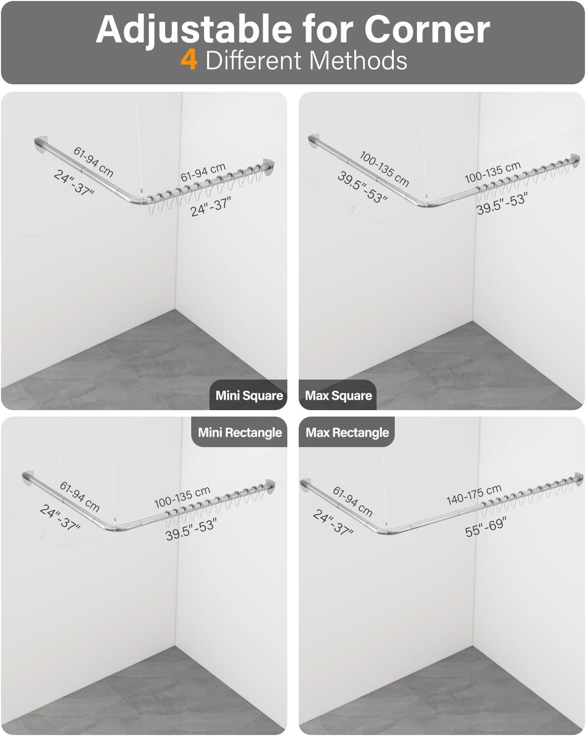 L Shaped Shower Curtain Rod with Unique Shield Base - Adjustable 24-53 x 24-53 Inch Corner Bathroom Rod, Heavy Duty Rustproof Square Rail, 12 Hooks & Ceilling Support