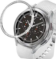 DEALELE Capas compatíveis com Samsung Gear S3 Fontier/Classic/Galaxy Watch 46 mm / Galaxy Watch 4 Classic 46 mm, strass diamante aço inoxidável Metal Watch Face Bezel Ring Cover (prata)
