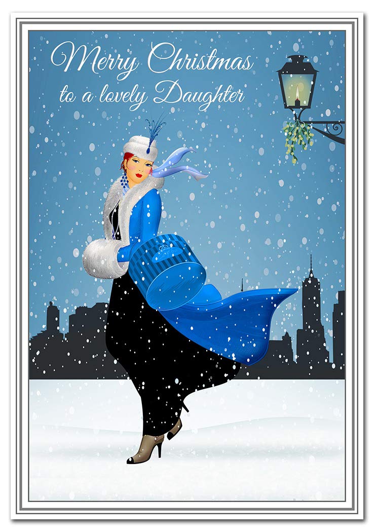 Daughter Christmas Card - Retro Happy Merry Xmas Greetings - A5 Good Wishes - Special Unusual Cute Funny Beautiful - Blank inside for own message - Eco-Friendly - Made in UK