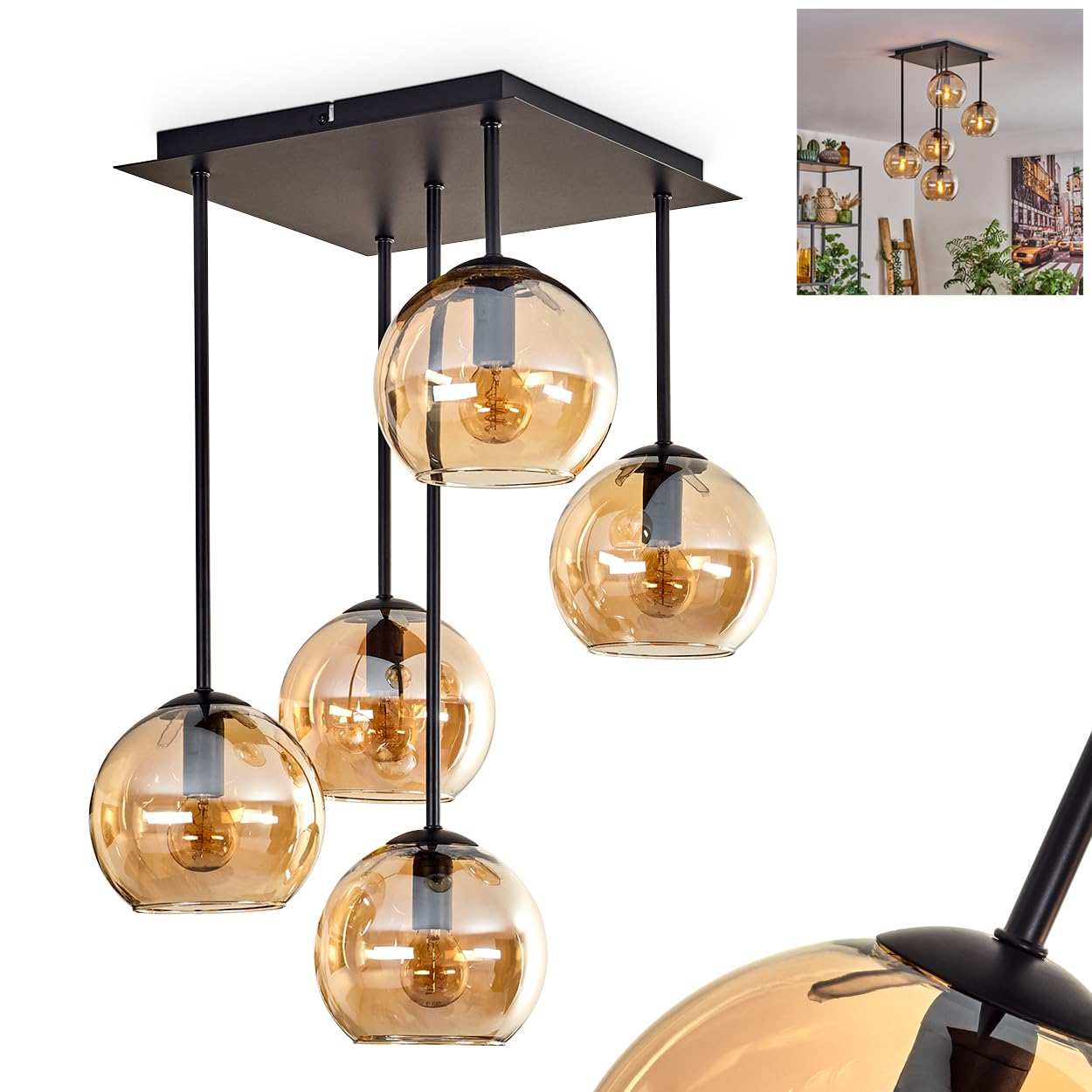 Hofstein Light/Black/Amber Koyoto Ceiling Ceiling Lamp Made Of Metal/Glass In / Colour, Luminaire In Modern Retro/Vintage Design With Glass Shades (Ø 15 Cm), 5 X E14, Without Bulbs