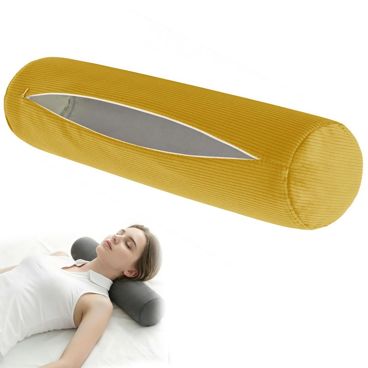 moismk Round Bolster Pillow Covers with Zipper, Striped Corduroy Breathable Washable Cylindrical Neck Pillow Cases for Home Decor, Cervical Neck Roll Pillowcase Only(Yellow,120x20cm)