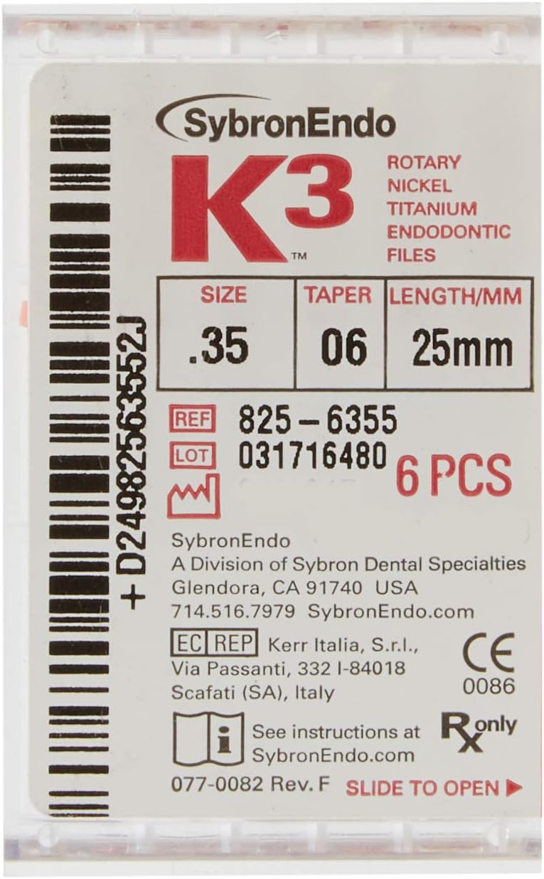 SybronEndo 825-6355 K3 NiTi Endo File, 0.06 mm Taper, Orange Taper, 35 Tip Size, Green Tip Color, Nickel-Titanium, 25 mm Length (Pack of 6)