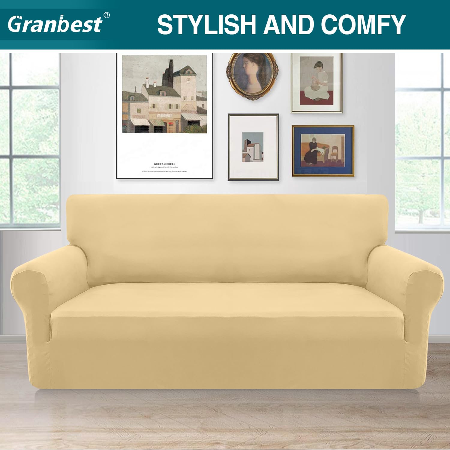Granbest Stretch Sofa Cover 3 Seater Super Soft Spandex Sofa Slipcover for Dogs Pet Couch Cover Furniture Protector with Elastic Bottom(3 Seater,Apricot Yellow) - Image 2