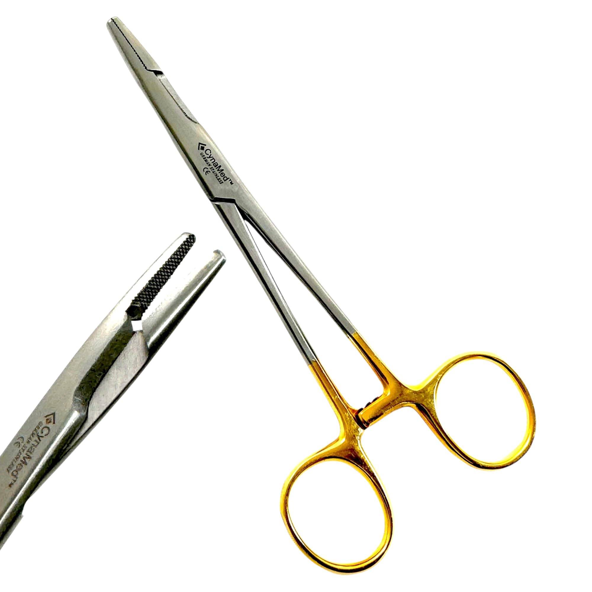 5.5in Olsen Hegar Needle Holder with Gold Color Locking Handle - Cutting Blade Feature - Autoclave-Safe German Stainless Steel