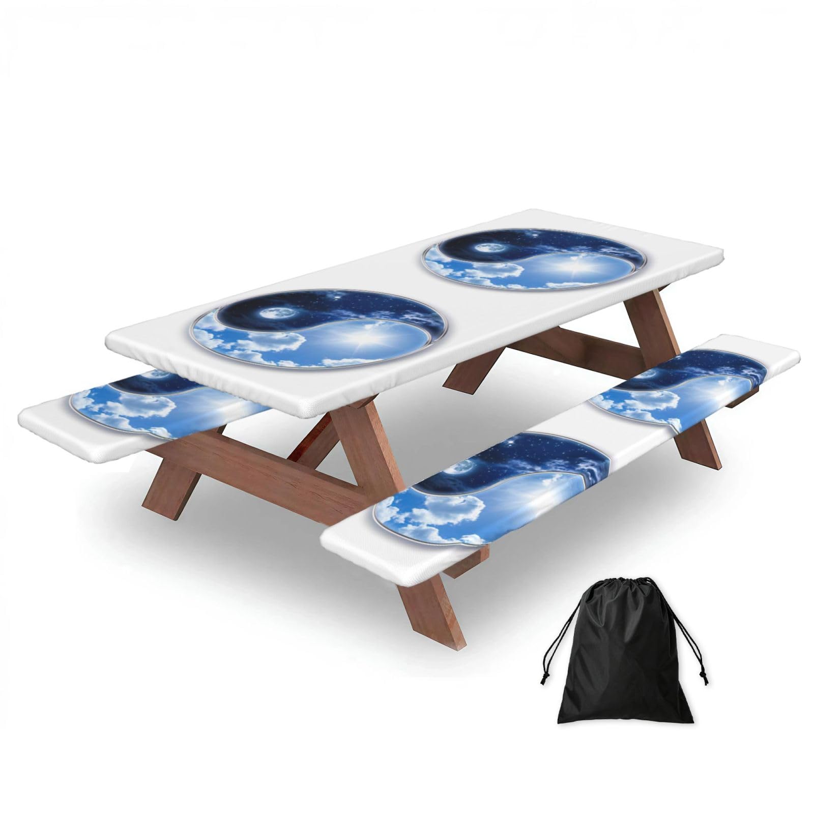 Zyjhyy Black Yin Yang World Print 3 Pack Wipeable Picnic Bench Cover And Table Cover Lightweight Table Cloth For Camping Outdoor