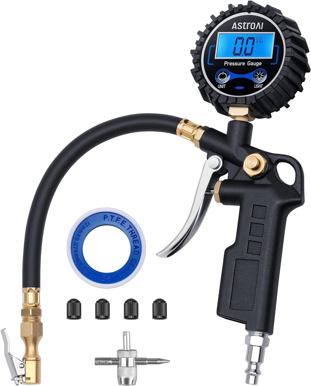 Digital Tire Pressure Gauge with Inflator, 3-250 PSI Air Chuck & Compressor Accessories Heavy Duty with Quick Connect Coupler, 0.1 Display Resolution, 1pack