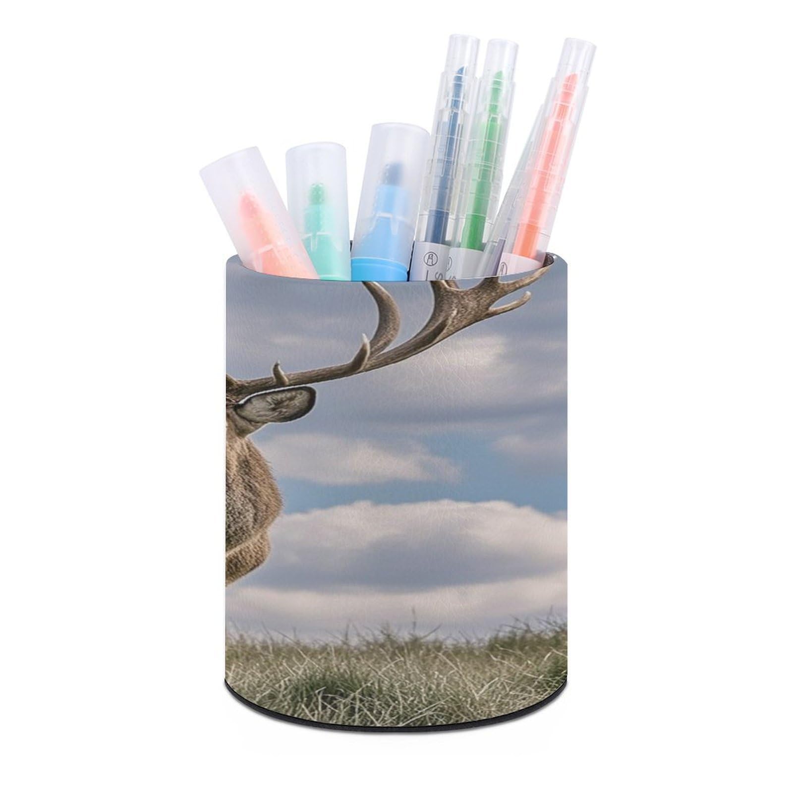 FekiLoot Round Elk Pen Holder for Desk PU Leather Waterproof Pencil Cup Stand Minimalist Makeup Brush Storage Organizer Desktop Stationery Container Accessorires