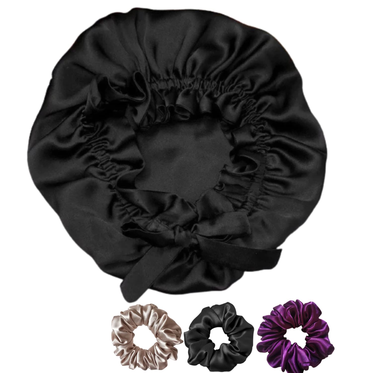 Silk Bonnet For Hair With 3 Premium Scrunchies, Adjustable Silk Hair Cap For Sleeping, Bonnet For Curly With Ribbon Tie Band, Satin Wrap