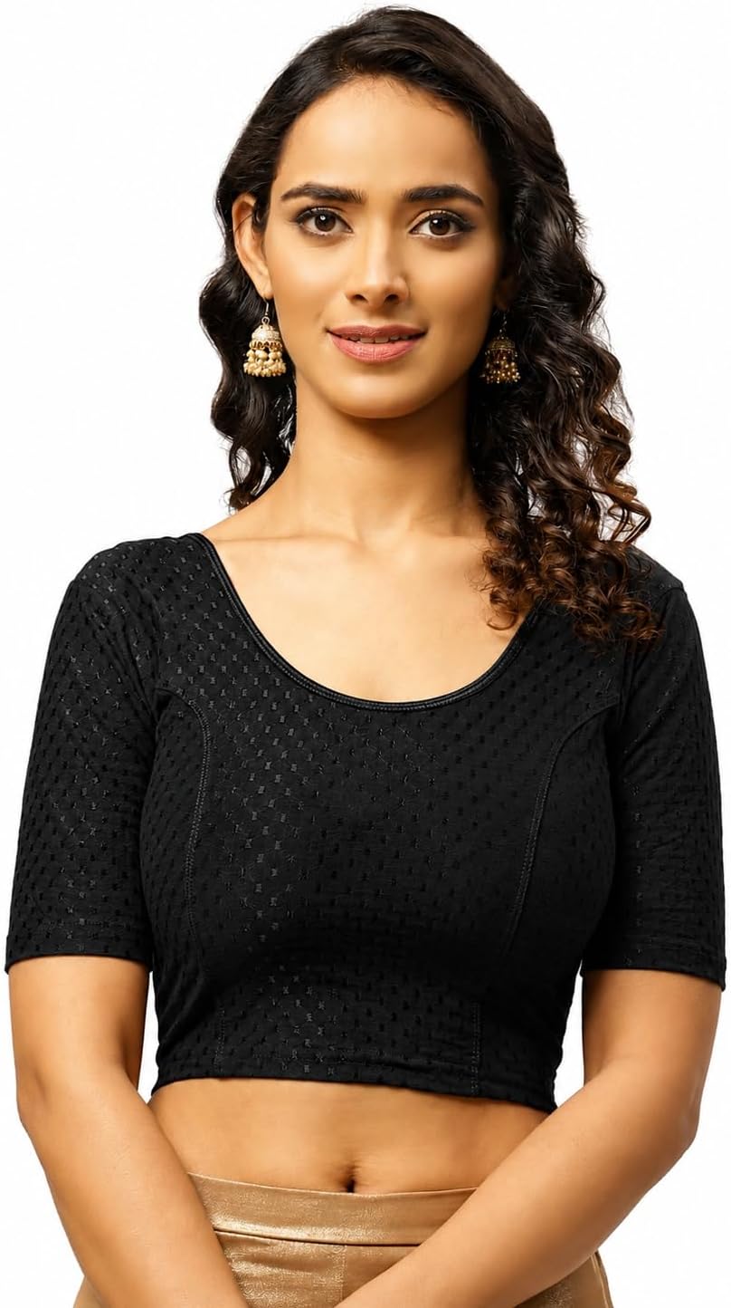 Pure Cotton 4-Way Stretch Readymade Blouse for Women | Free Size to 4XL Stretchable Round Neck Dobby Cotton Half Sleeve Readymade Saree Blouse for Women Stylish