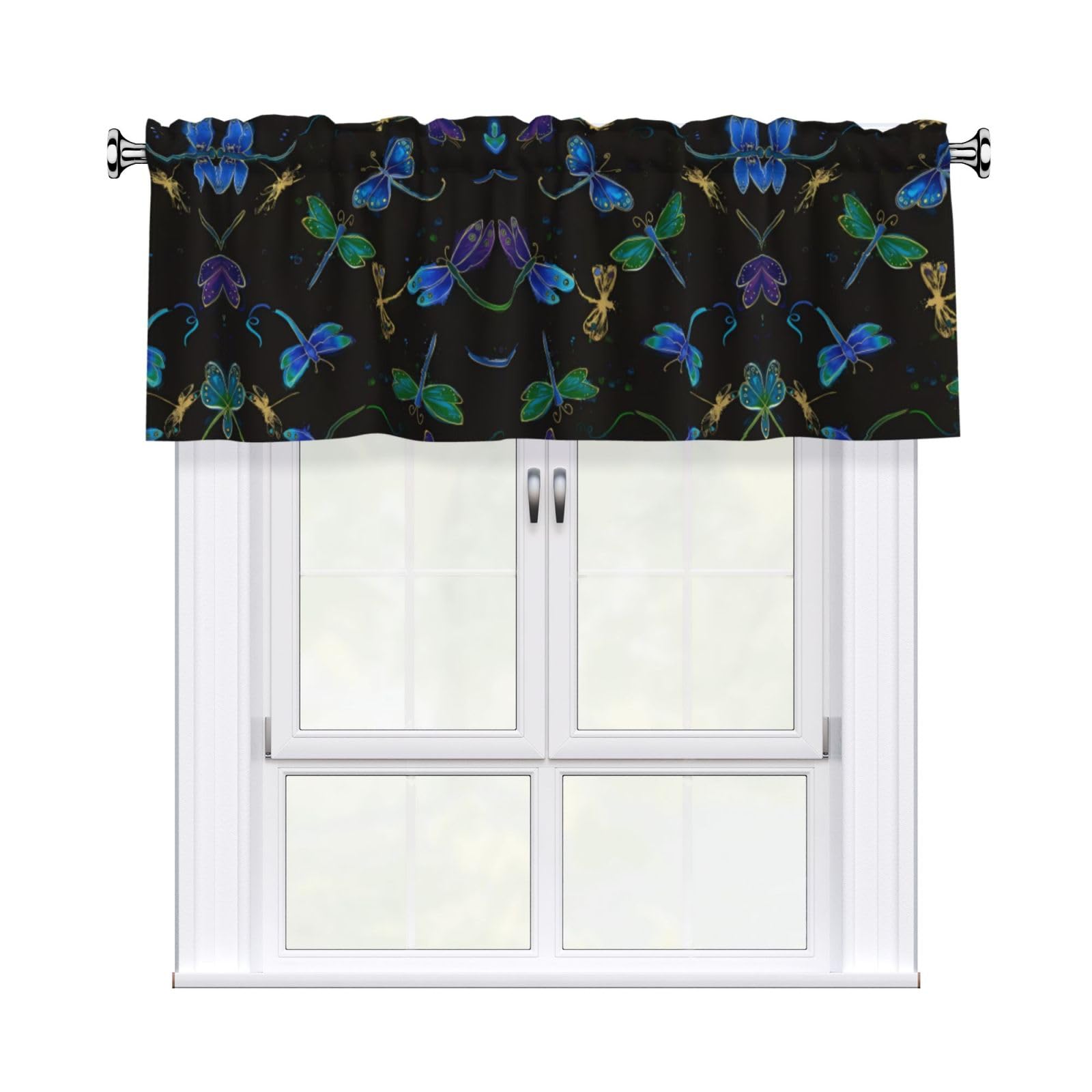 HJFCZH Dragonfly Prints Curtain Valance 54x18in - Peach Skin Kitchen Window Layer, Filtered Light & Quick-Install Rod Pocket Cover