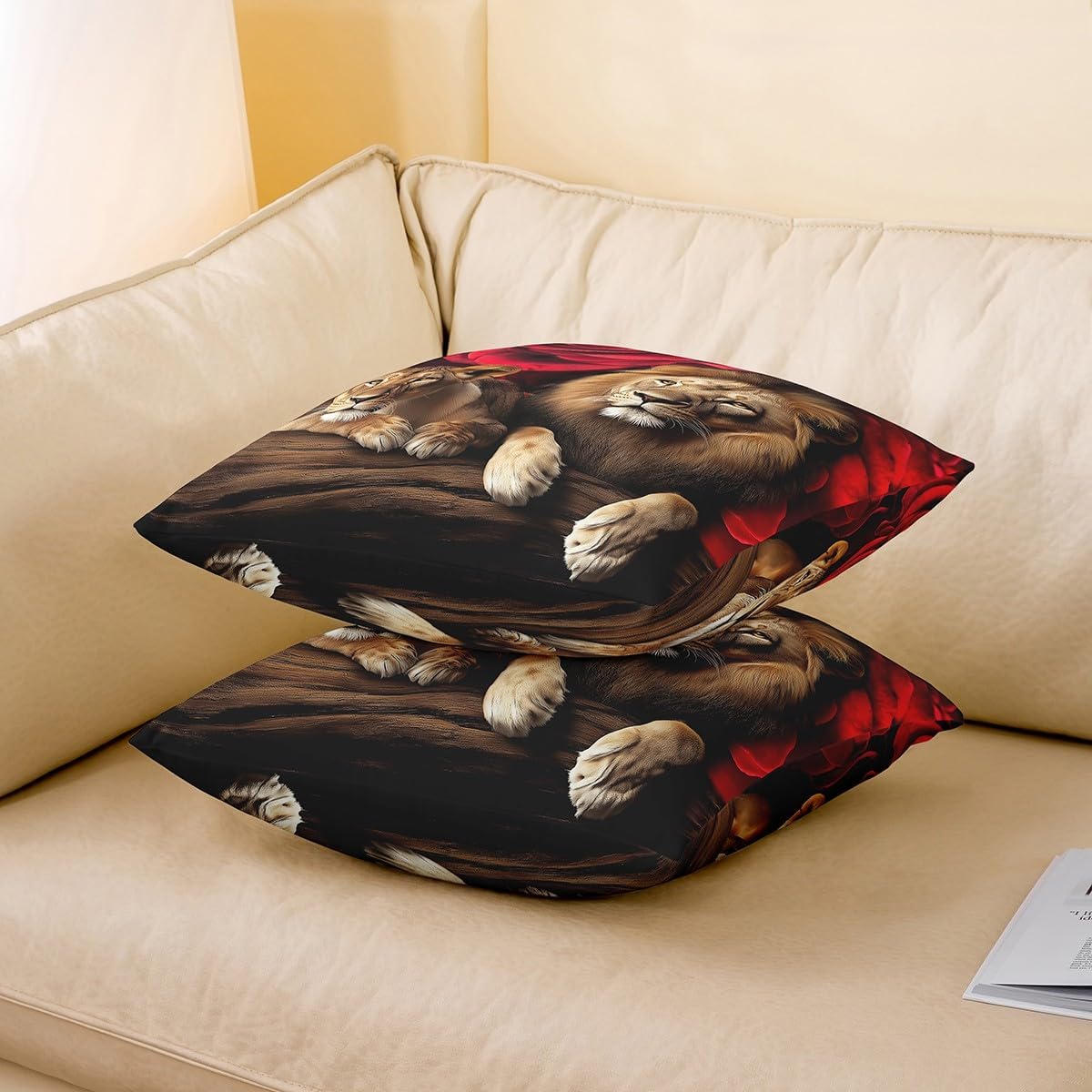 Rose Flower Pillow Cover, Animal Lion Print Throw Pillow Cover For Kids Teen Boys Girls Office Sofa Couch Bed Bedroom Decor, Floral Cushion Case, Modern Style Decorative Pillow Cover 24x24 Set Of 1