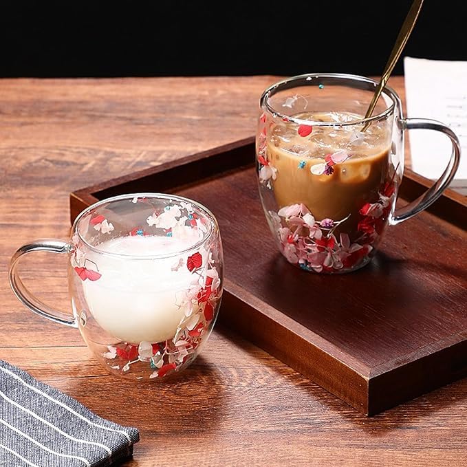 Image of PrimeWorld Double Wall Glass Coffee Mugs with Handle - Set of 2, 250ml Clear Flower Design Tea Cups | Insulated Glass Mugs for Hot & Cold Beverages, Cappuccino, Latte, Espresso, Tea (Red & Pink)