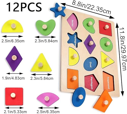 Miniatura 9 de Rompecabezas Montessori de madera con forma de madera para bebés, rompecabezas de forma geométrica con perilla de tabla, rompecabezas de madera