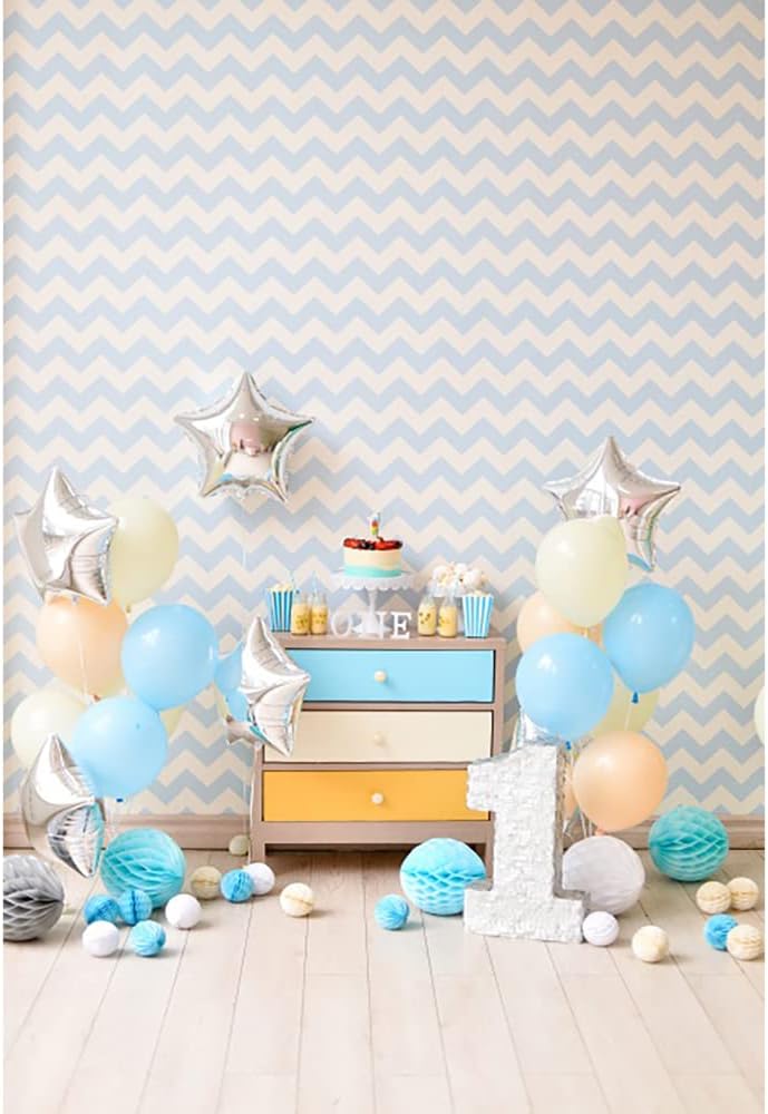 Aoihrraan 3x5ft Kids 1st Birthday Backdrop Paper Flower Balloons Wood Floor Cake Table Photography Background for Girls Boys Birthday Celebration Children Room Party Decoration Photo Studio Props