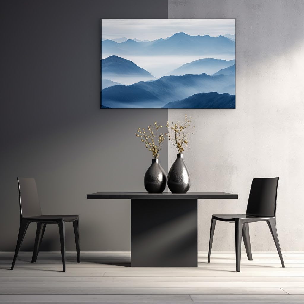 Canvas for Living room. Misty Mountains Whispering Secrets: Unveiling Nature's Grandeur in Blue Hues, 27 x 18 inch Canvas Wall Art - Ready to Hang
