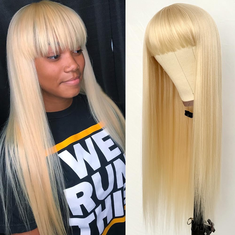 Aubree Blonde Hair Synthetic Wigs With Bangs Long Straight Hair Natural Looking 613 Color Wigs Heat Resistant Fiber Hair Glueless Synthetic None Lace